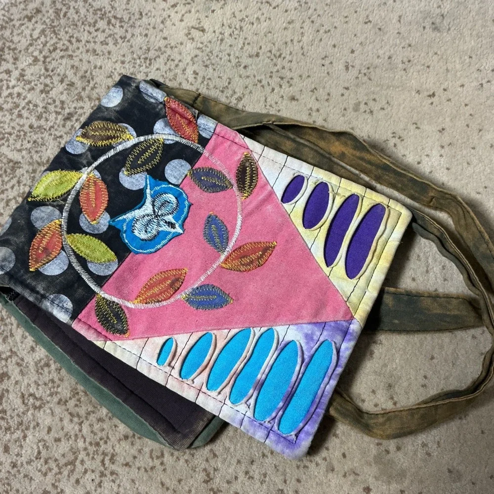 Handmade Nepal Cotton Patchwork Owl Messenger Bag Boho Crossbody Multi Color